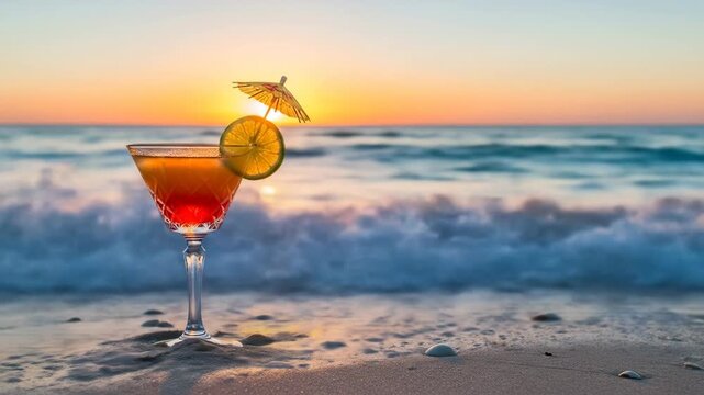 A colorful cocktail with a slice of lemon and a small umbrella on a sandy beach during sunset