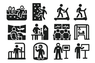 Training Facility Icons. Solid style icons of training facilities: neutral buoyancy pool, climbing wall, treadmill, simulator room