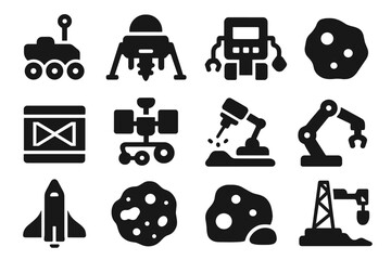 Space Mining Icons. Solid style icons of Space Extraction Systems: asteroid rover, lunar drill, mining robot, ore sample, cargo