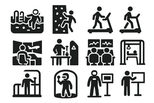 Training Facility Icons. Solid style icons of training facilities: neutral buoyancy pool, climbing wall, treadmill, simulator room