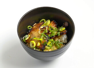 Delicious roasted pork belly over rice, a culinary treat perfect for restaurant menus or foodie blogs.