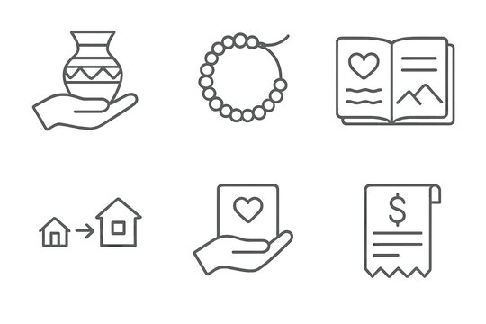 Voluntourism Icons Collection. Line style icons of voluntourism souvenirs and impact: local artisan gift icon, gratitude bracelet,