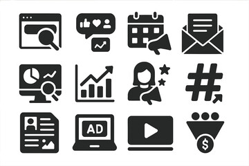 Digital Marketing Icons. Solid style icons of Digital Advertising: search engine, social media, content calendar, email newsletter