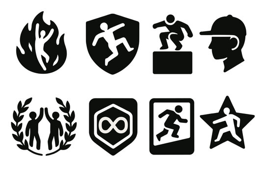 Parkour Culture Icons. Solid style icons of parkour culture symbols: fearless spirit icon, freedom movement badge, urban warrior