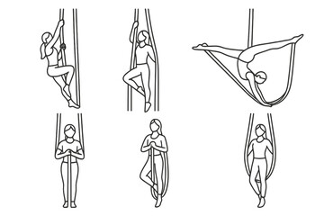Aerial Silk Training Icons. Line style icons of aerial silk training: performer climbing silks, foot lock position, inverted split