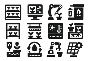Futuristic Space Agriculture Icons. Solid style icons of futuristic space agriculture: modular hydroponics, AI monitoring, robotic