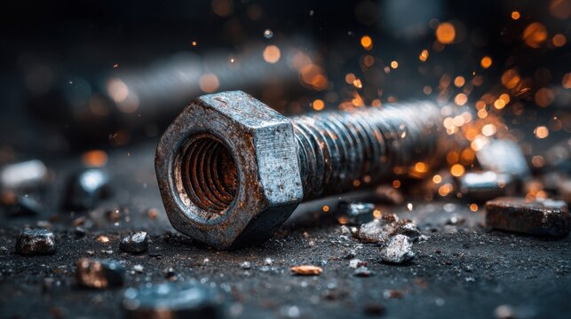 A rusty bolt rests on a dark surface surrounded by shiny metallic debris as sparks fly.