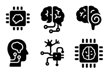 Neural Processor Icons. Solid style icons of neural decoding processors: cognitive chip, data-from-brain symbol, decoding spiral.