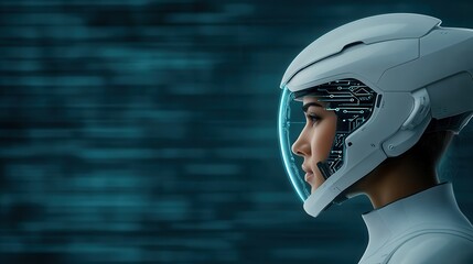 Envisioning Future Technology Integrating Human and Digital Realms, the Woman Stands in Stark Contrast