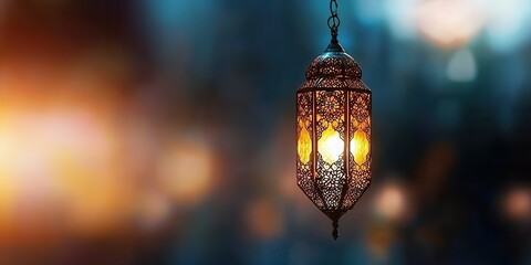 Glimmering Ramadan Lantern Illuminates a Subtle Blue Night, Showcasing Intricate Artistry and Festive Celebration