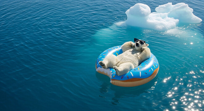 Relaxed polar bear with sunglasses floating on a blue donut inflatable in the sea next to melting icebergs, sunny day. - Powered by Adobe