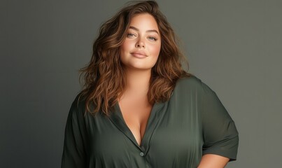 Obraz premium Studio Portrait Displays Plus Size Woman in Olive Green Shirt