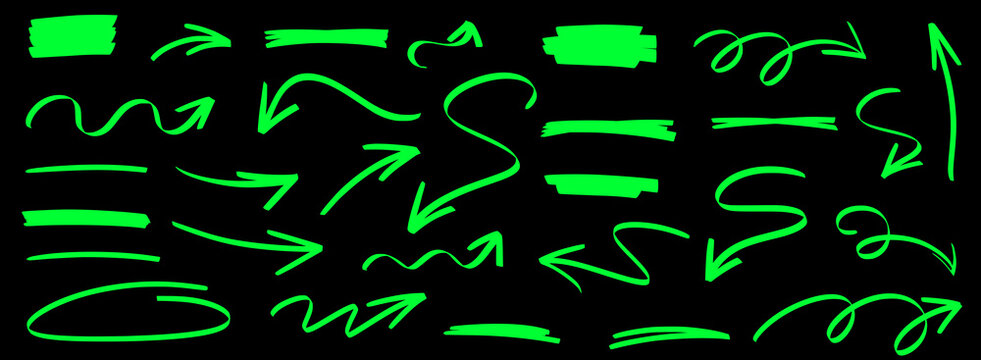 Minimal arrow doodles and underline strokes made with marker lines and subtle highlight touches. Rough brush textures repeat arrow and underline moves with marker edge and highlight brush flair.