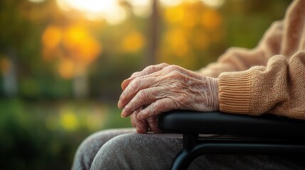 Wrinkled Hands Rest Peacefully on Wheelchair in Garden, Bathed in Golden Sunlight, as Life Gracefully Unfolds