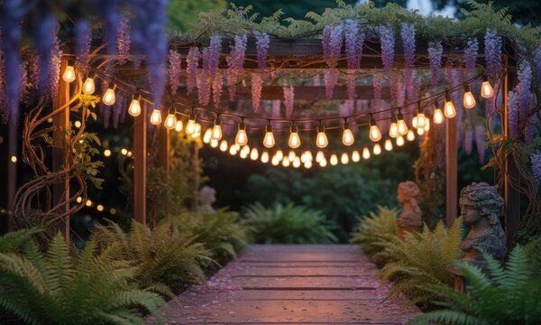 Wooden pergola, fairy lights, wisteria, garden path - Powered by Adobe