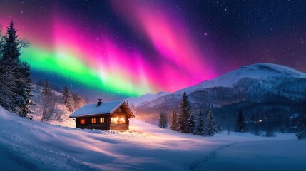 Cabin Glows Warmly Under Vibrant Northern Lights in a Snowy Winter Wonderland of Lapland, Europe