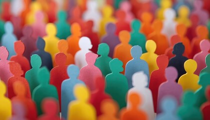 Colorful paper cutouts form crowd. Figures symbolize diversity inclusion in unity. Paper people group represents social themes. Shapes background shows community. Multi ethnic colors connect
