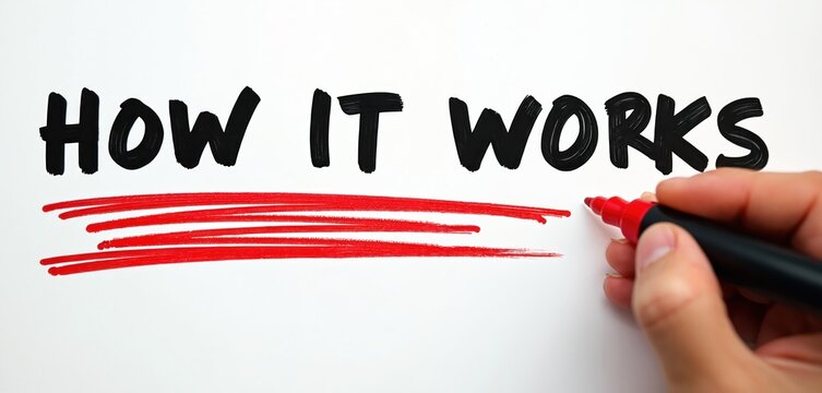 Hand writes how works on white paper. Red marker underlines text. Concept shows business process explanation. Instructions shows workflow guidance, direction. White background provides clean design