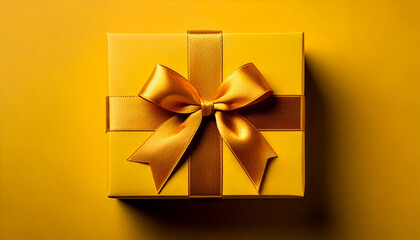 Yellow gift box with bow on isolated background. Christmas and New Year