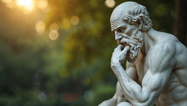 Marble statue of bearded old man in deep thought. Classic sculpture sits in green park. Sunlight shines on thinker in pose of contemplation.