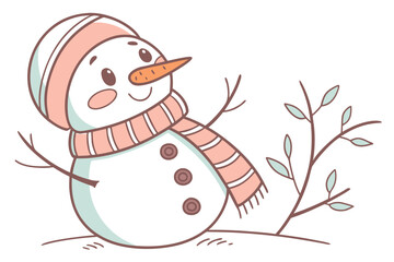 Adorable snowman illustration with pink scarf and hat, perfect for winter holiday cards, invitations, and festive seasonal designs with a touch of whimsy