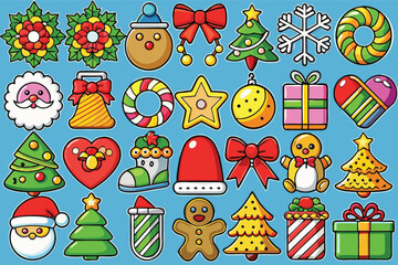 Festive Christmas cheer awaits with charming cartoon icons, perfect for holiday cards and cheerful social media posts to spread joy and merriment