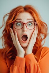 Woman With Red Hair and Glasses Gasps in Astonishment Against a Soft Gray Background, Wearing a Bright Orange Top