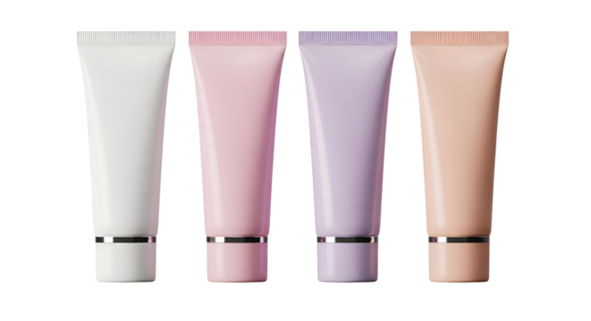 Four cosmetic tubes in white pink purple and peach colors on black beauty products skincare
