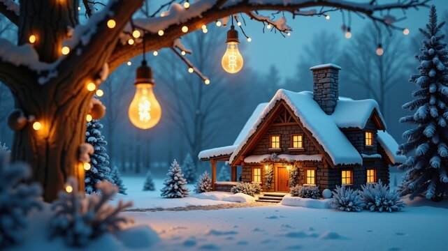 fantasy house inside the bulb hanging on the chrismas tree, winter landscape 2021 suitable for advertisment
