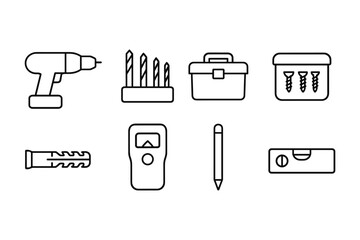 Outline icon set of diy tools including drill, toolbox, and screws