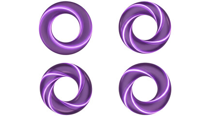 Four purple torus shapes with glowing white light accents on black ring donut
