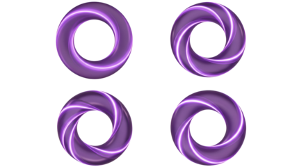 Four purple torus shapes with glowing white light accents on black ring donut