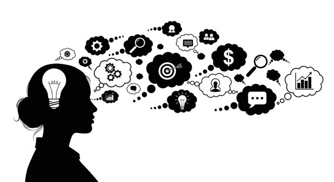 : An Elegant Flowing Silhouette of a Female Entrepreneur Brainstorming Innovative Ideas