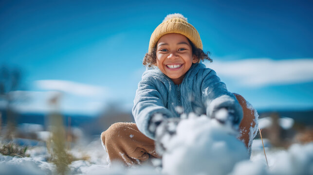 Happy child with curly hair wearing a yellow beanie is playing in the snow, joyfully building a snowball, surrounded by a winter landscape, embodying the spirit of winter activities and holidays