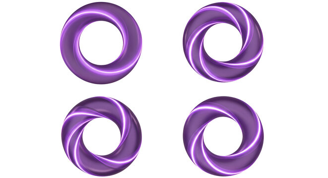 Four purple torus shapes with glowing white light accents on black ring donut - Powered by Adobe
