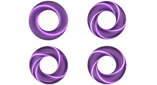 Four purple torus shapes with glowing white light accents on black ring donut