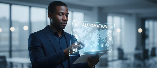 office worker implementing business process automation through futuristic digital dashboard