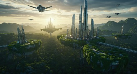 Advanced civilization structures rise from lush, green floating islands beneath a dramatic sky