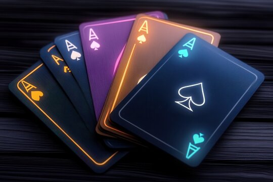 Glowing Aces Arranged on a Dark Surface Feature a Futuristic Neon Design in a High Stakes Cyber Poker Game