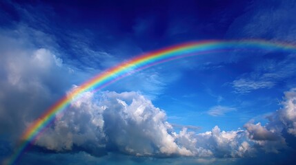 Obraz premium A stunning rainbow spans the sky brightly colored against a backdrop of clouds and blue.