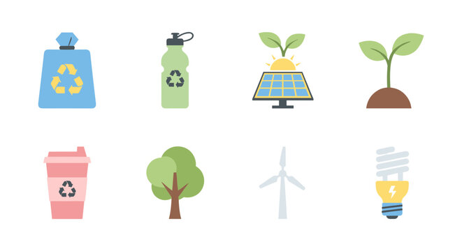 Eco-friendly icons: recycle, solar energy, renewable plants, and green solutions