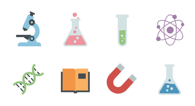 Colorful science education icons: microscope, dna, atom, and more in flat design