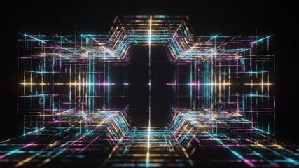 Abstract glowing wireframe structure with blue pink and yellow lines against a black background - Powered by Adobe
