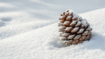 Snow-dusted pine cone on winter background – natural seasonal still life. AI generated.