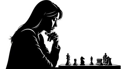 : An Intense Black Vector Silhouette of a Female Chess Player Contemplating