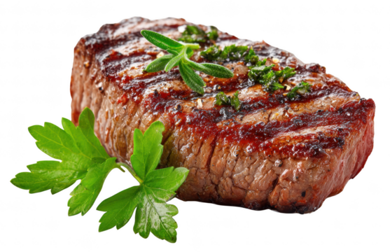 Grilled beef steak with herbs, isolated on transparent background, gourmet cooked meat, professional food photo - Powered by Adobe