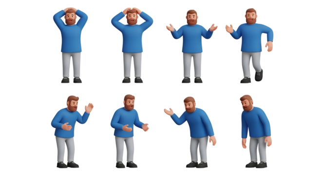 3 D cartoon man in blue sweater and grey pants showing various gestures male character