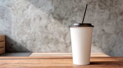 A white cup sits elegantly on a wooden surface in a cozy cafe inviting relaxation.