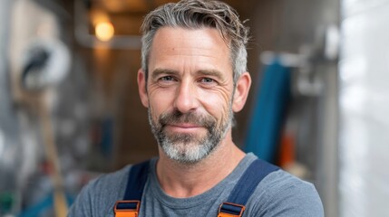 A confident craftsman stands in a busy workshop surrounded by tools and materials radiating skill.