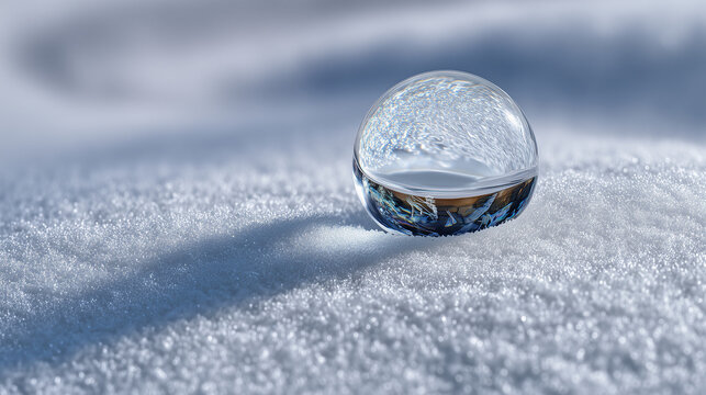 Ice bubble resting on white snow with soft lighting  